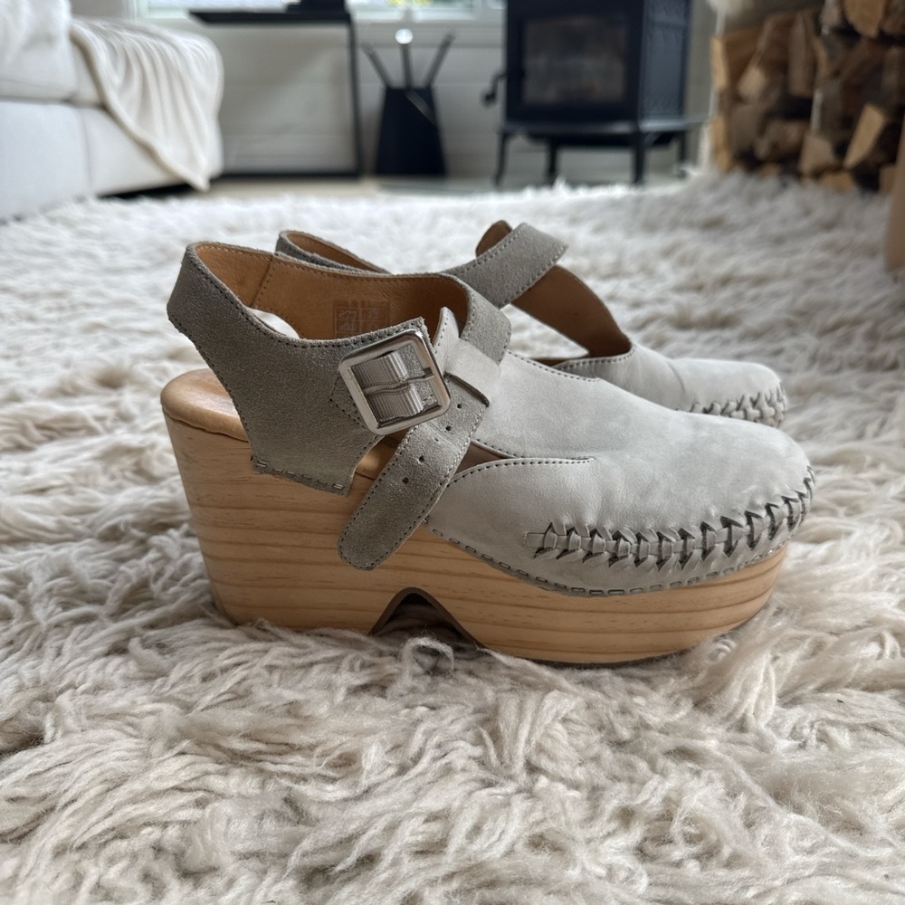 Free People Emmar T-Strap Braided Wooden Clog Gray EU38 Mary Jane Boho Hippie